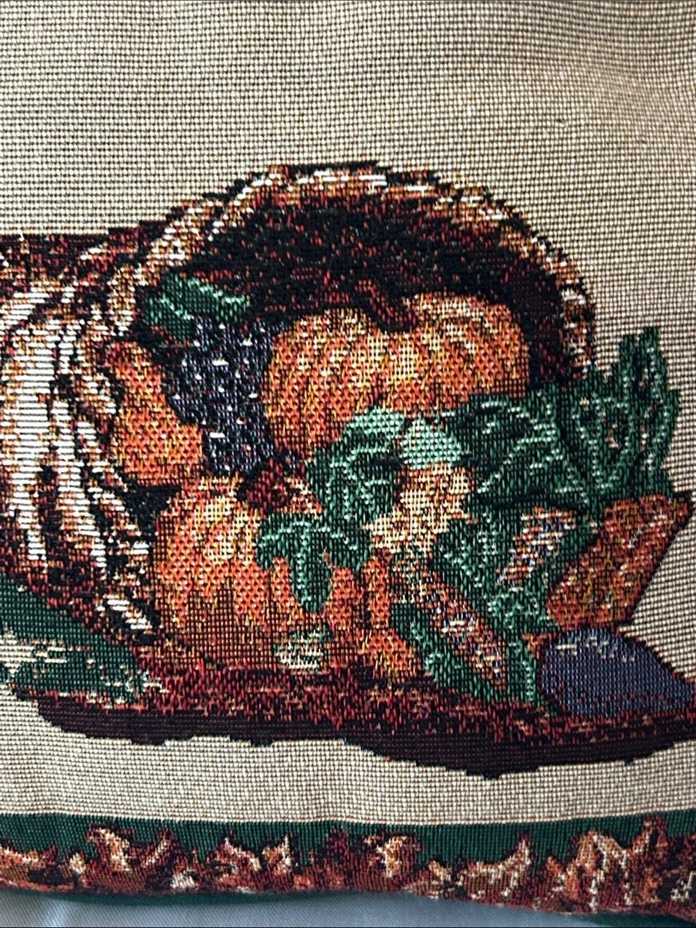 Autumn Tapestry Cornucopia Decorative Pillow - Greens, Oranges, Browns 10”x10